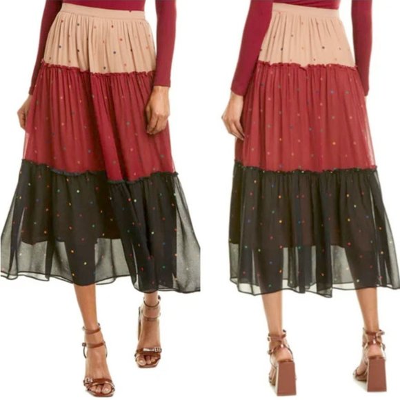 Farm Rio Mixed Dots Maxi Skirt Red Navy Multi Polka Dot Tiered Skirt - Picture 2 of 13